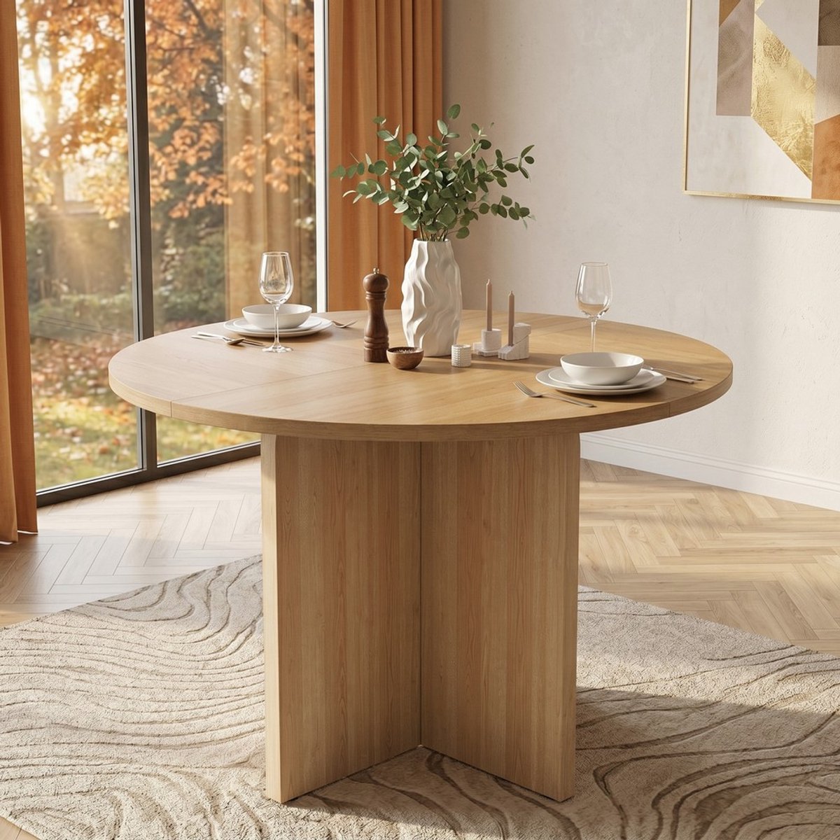 KOMHTOM Ronde Eettafel - 120x120 cm - Eikenhoutkleur - Scandinavisch Design - 4-6 Personen - Keukentafel - Eetkamertafel - Minimalistisch - Houten Tafelblad - Modern - Woonkamer