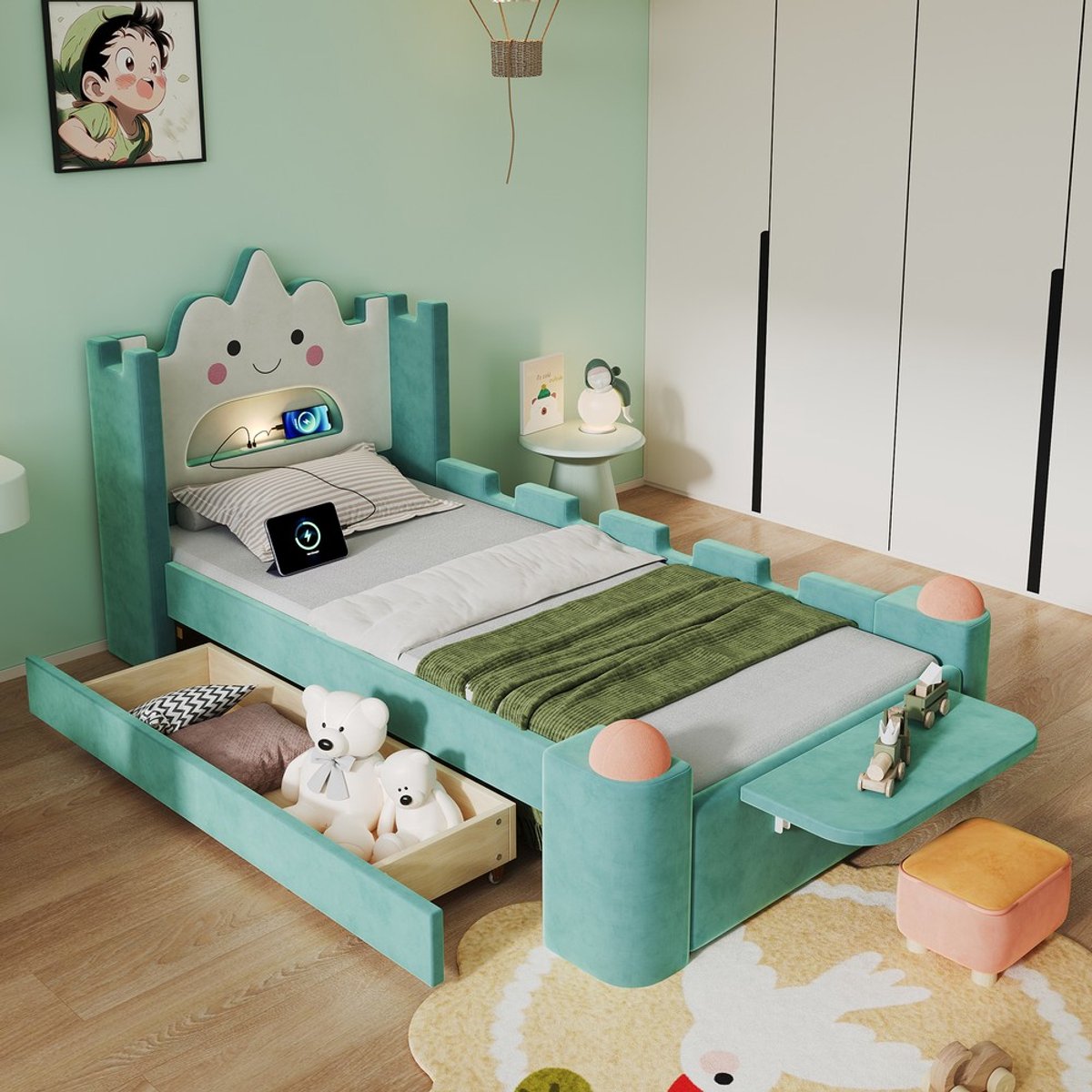 KOMHTOM Kinderbed - Eenpersoonsbed - Gestoffeerd - LED-verlichting - USB-aansluiting - Opberglade - Valbeveiliging - Fluweel - Blauwgroen - 90x200 cm