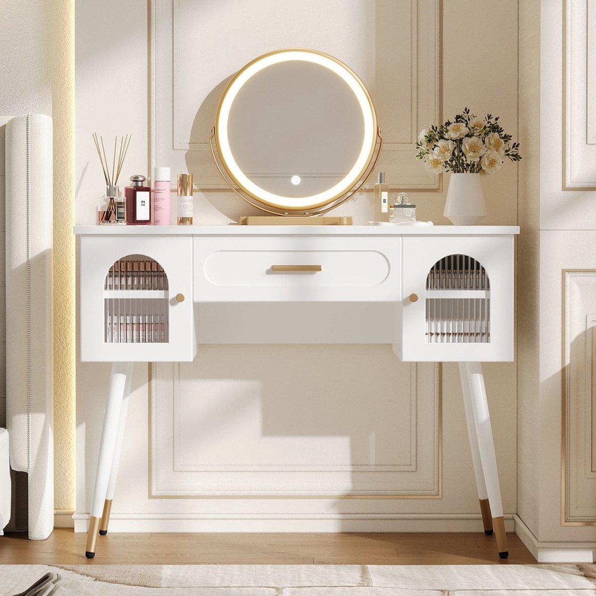KOMHTOM Kaptafel met Spiegel - LED Verlichting - Wit - Scandinavische Stijl - 1 Lade 2 Kastdeuren - Make-uptafel met Opbergruimte - Moderne Slaapkamer Meubel - 100x42x112 cm