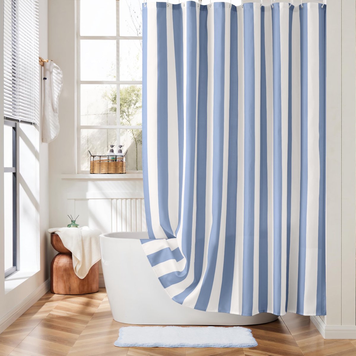 Douchegordijn met verticale strepen, mooi retro vintage douchegordijn met blauwe strepen voor badkamer, waterdichte polyesterstof voor moderne badkamer, 183 x 183 cm, blauw
