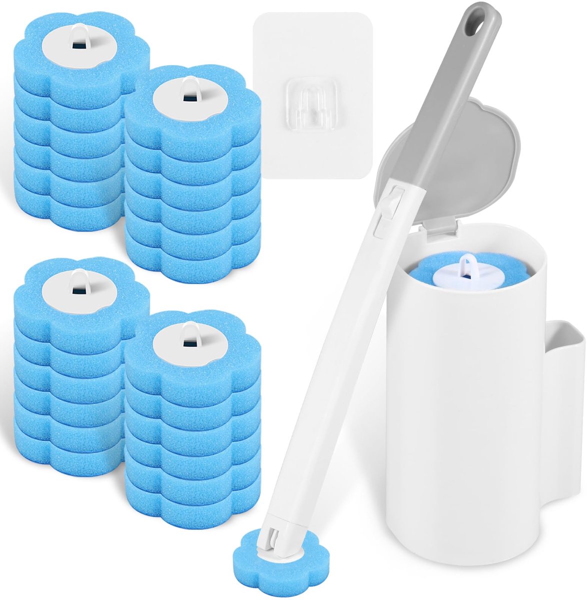 Wc-borstel met 24 stuks reinigingsmiddelen, spons, toiletstaaf, kit met houder, wc-borstel, reinigingsmiddel voor badkamerreiniging, wastafel, badkuip