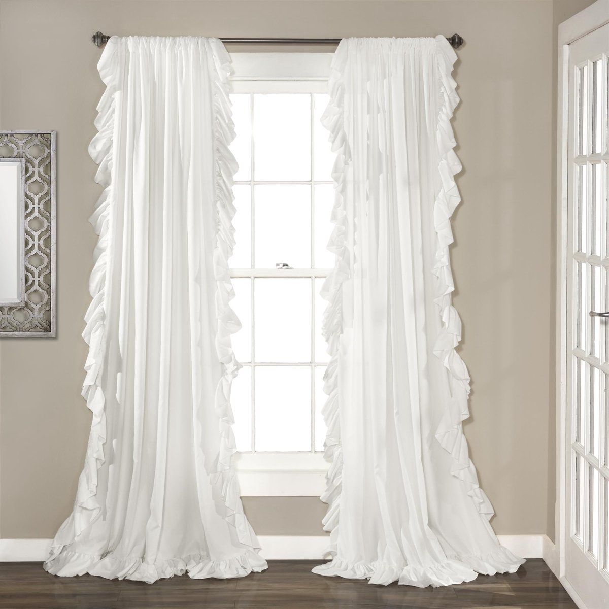 Decor Reyna Raamgordijnpaneelset met ruches, paar, 137 cm B x 213 cm L, wit - vloeiende gordijnset - romantische ruches gordijnen voor slaapkamer, woonkamer of eetkamer - boerderij en cottage