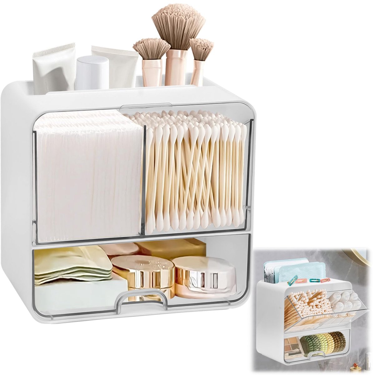 Wandmontage tampon opslag, transparante inlegkruisjes, box met 4 vakken, badkamer wattenschijfjes, opslag voor katoen, wattenstaafjes, make-up