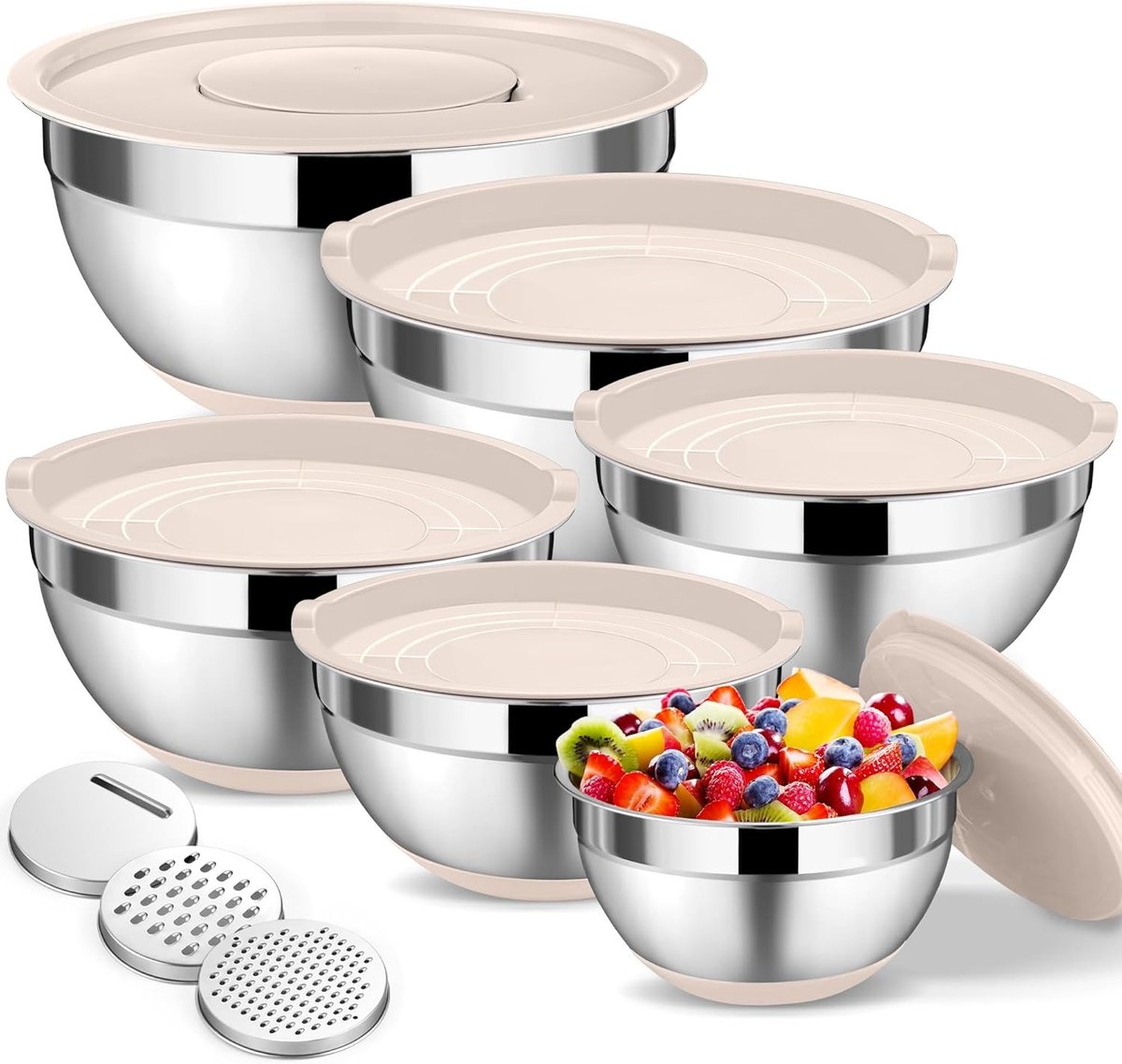 Mixkommen Set van 6 RVS met Luchtdichte Deksel en Raspaccessoires voor de Keuken - Ideaal voor Salades en Voorbereiding, Stapelbaar en Ruimtebesparend
