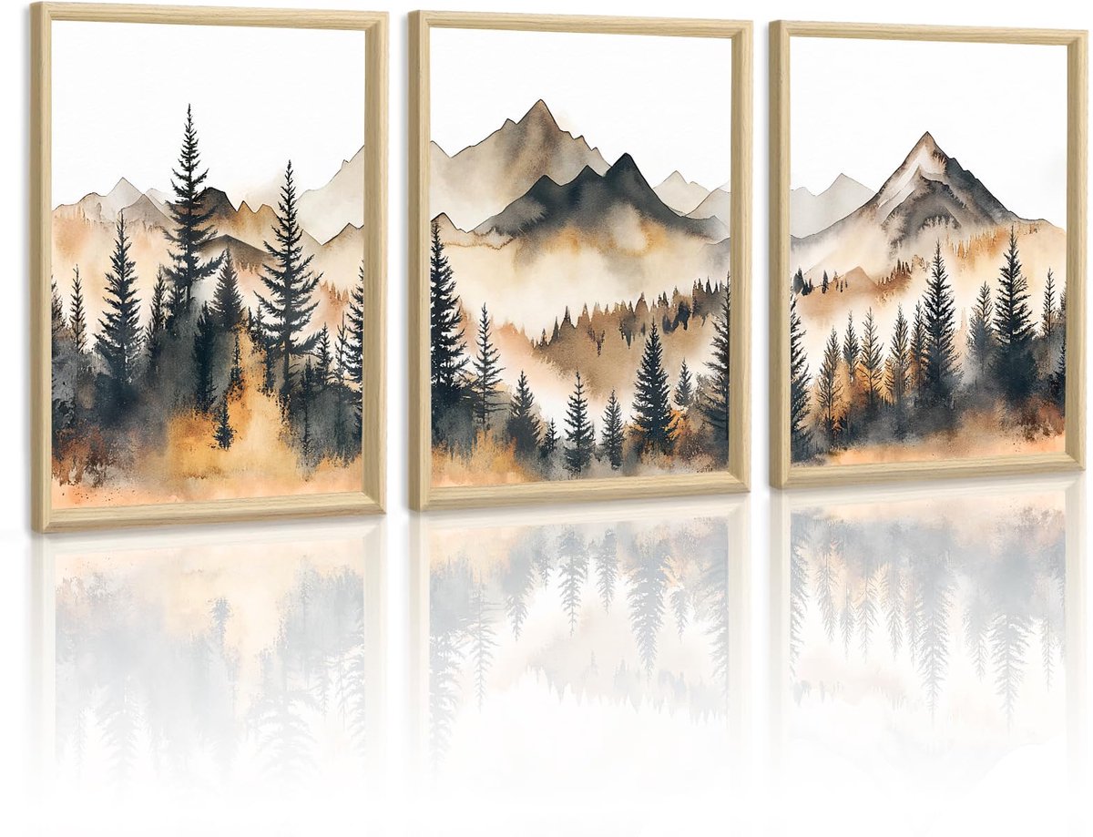 Canvas Muurkunst Ingelijst, Set van 3 Aquarel Bergbos Canvas Foto's, Abstract Natuurlandschap Mistige Berg Schilderij voor Woonkamer Slaapkamer Huis Muurdecoratie 40x60cmx3