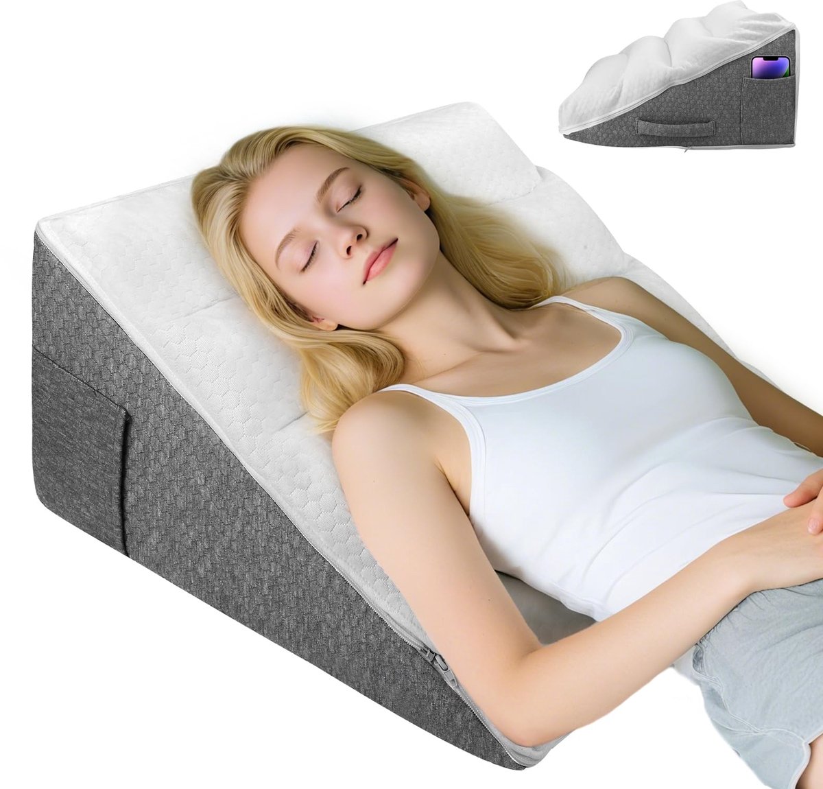 Wigkussen, anti-terugstroomkussen, driehoekig traagschuimkussen, ergonomische wig voor slaapapneu bij reflux, leeskussen voor de rug, 55 x 55 x 25 cm