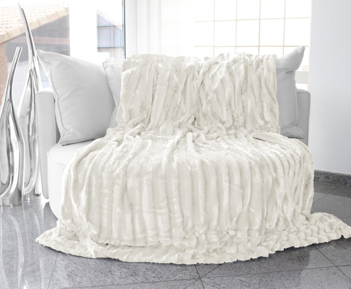 knuffeldeken imitatiebont dubbelzijdig XXL 220x240 cm – Warme kunstbontdeken voor bank en bed, luxe woondeken plaid, comfortabel & zacht - 100% polyester, wasbaar – Wit
