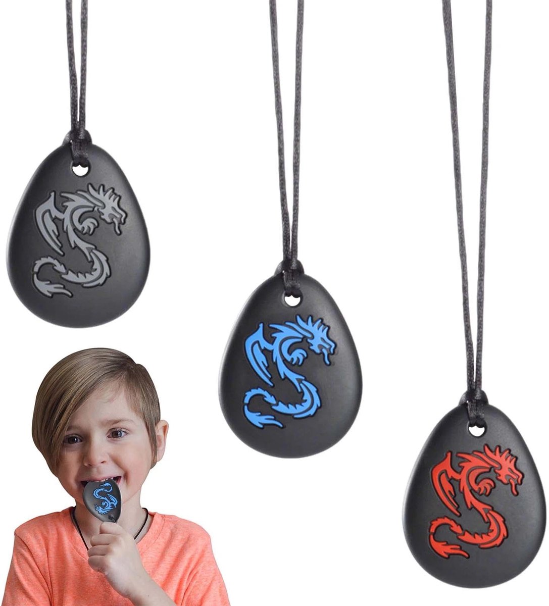 3 stuks kauwketting voor kinderen, sensorisch speelgoed, bijtring van siliconen, autisme, speelgoed, perfect voor jongens en meisjes met ADHD, bijtende vingernagels, kauwen (draken)