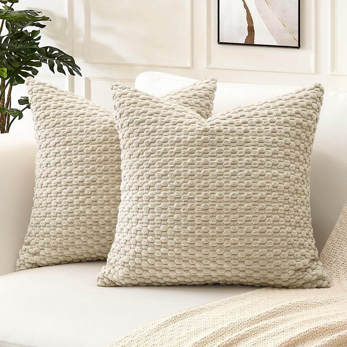 Set van 2 corduroy decoratieve effen kussenhoezen met luchtbellen, 60 x 60 cm, woondecoratie, bank, slaapkamer, auto, beige