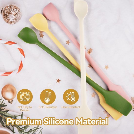 4 Stuks Mini Siliconen Spatel met Dubbele Kop, 26 x 2,8 cm Mini Spatels Siliconen, Multifunctionele Herbruikbare Mini-Spatels voor Jamflessen, Cosmeticaflessen (Geel, Groen, Roze, Wit) — afbeelding 2