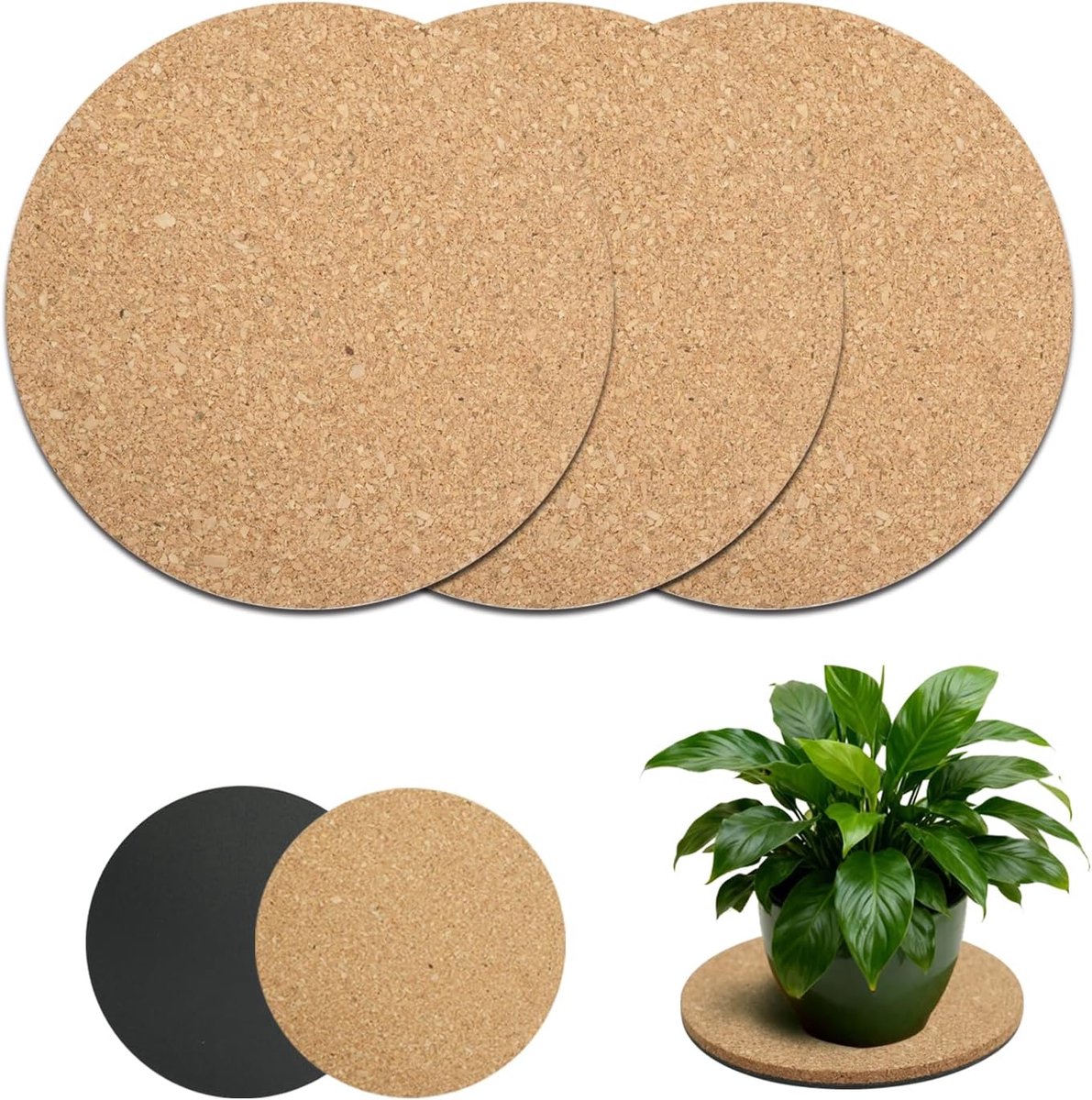 Schotels 20 cm - Set van 3 Absorberende Kurk Onderzetters & Plantendruppelbakken voor Binnenbloempotten, Plantenbakken & Kamerplanten – Oppervlaktebeschermer voor Tafel & Vloer