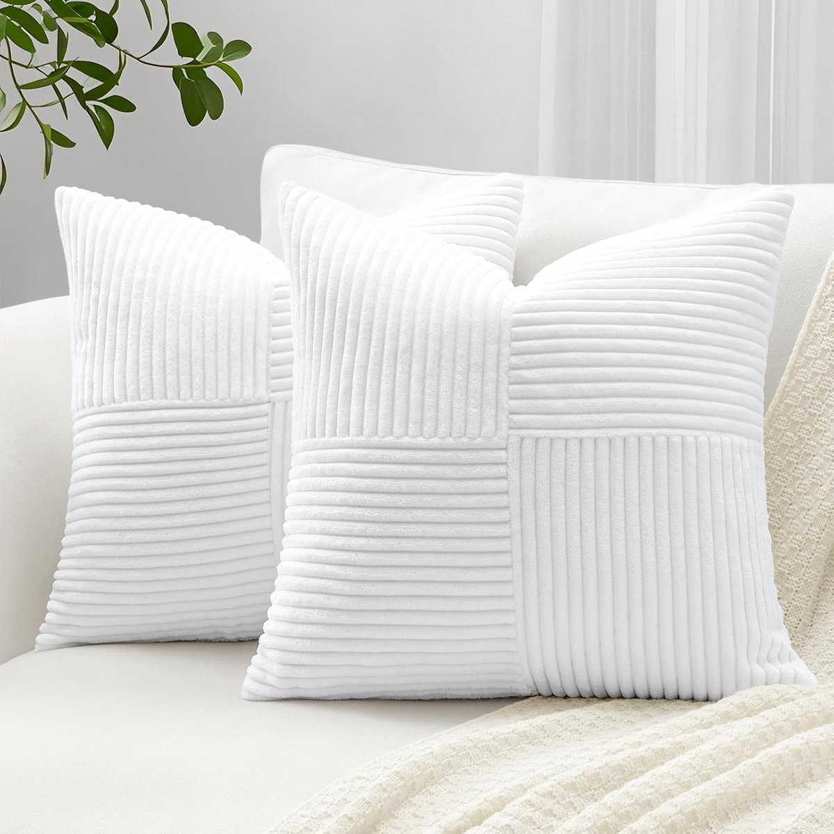 Set van 2 corduroy kussenslopen, kruis strepen patroon corduroy kussensloop sofakussen sierkussen patchwork design decoratieve sierkussenovertrekken kussenhoes voor woonkamer (60 x 60 cm, wit)