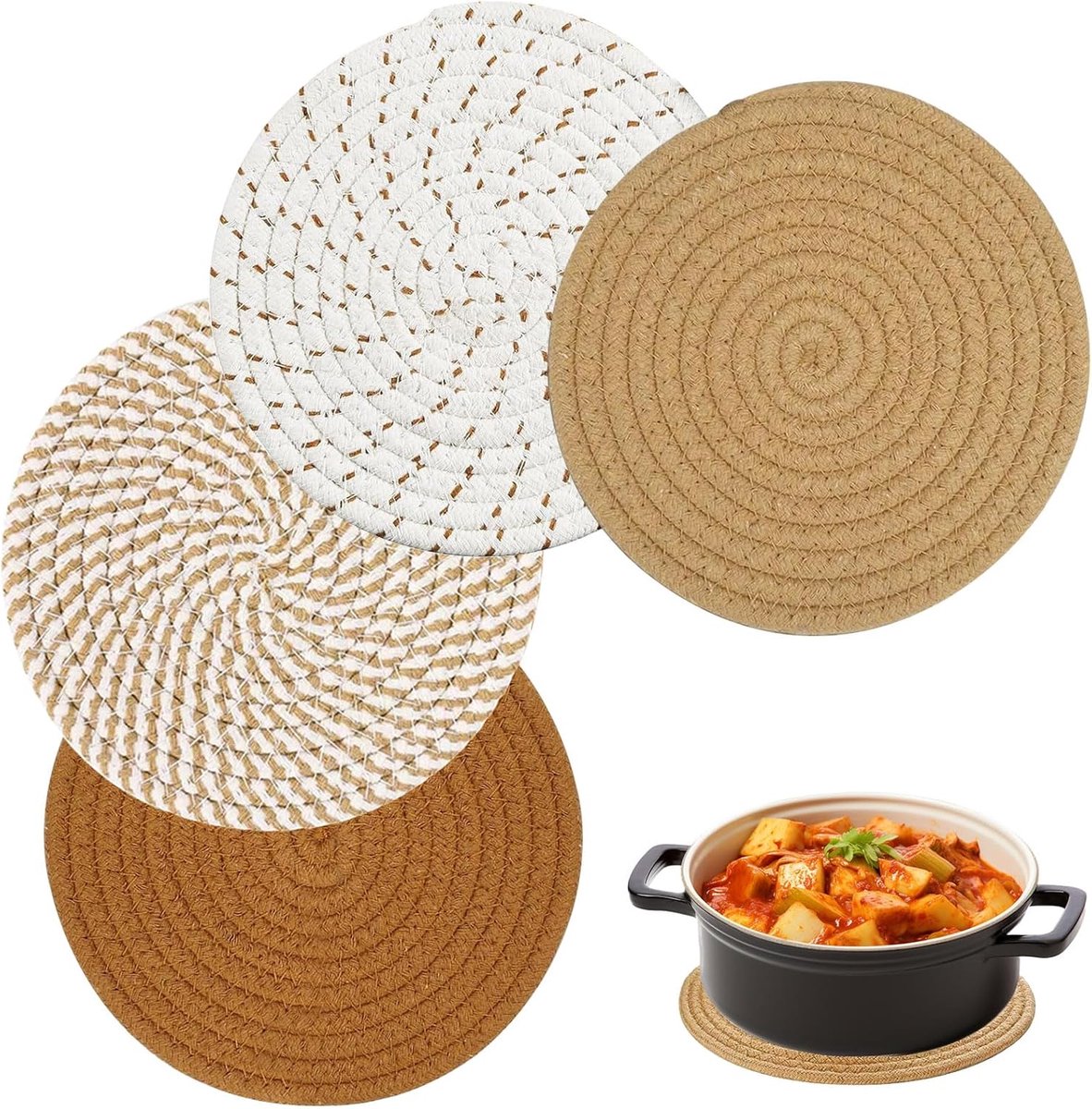 Pannenonderzetters, 18 cm, ronde onderzetters, katoen, gevlochten draad, weven, mat voor keuken, kom, potten, pannen, kan en borden (bruin)