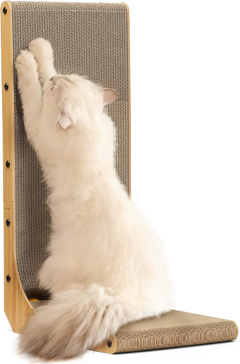 Krabplank voor katten, 68 cm hoog, L-vormig krabkarton voor katten, duurzaam kattenkrabbord met balspeelgoed, kattenkrabmeubels van hoogwaardig karton voor muur en hoek, middelgroot