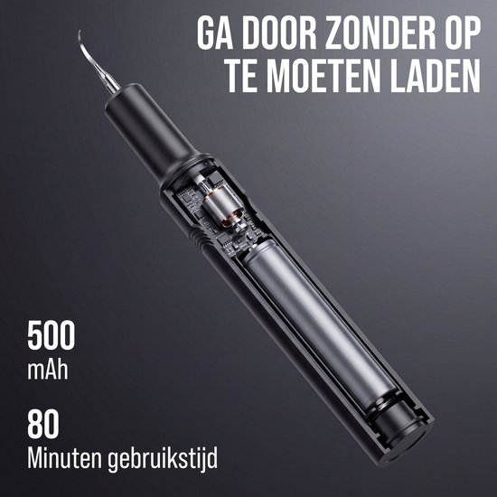 Detail van elektrische tandsteenverwijderaar met interne componenten zichtbaar, "Ga door zonder op te laden" met 500mAh.