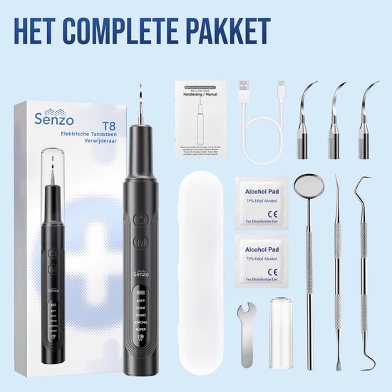 Senzo T8 elektrische tandsteenverwijderaar, inclusief 3 opzetstukken, spiegel, haak, hoes en alcohol pads.