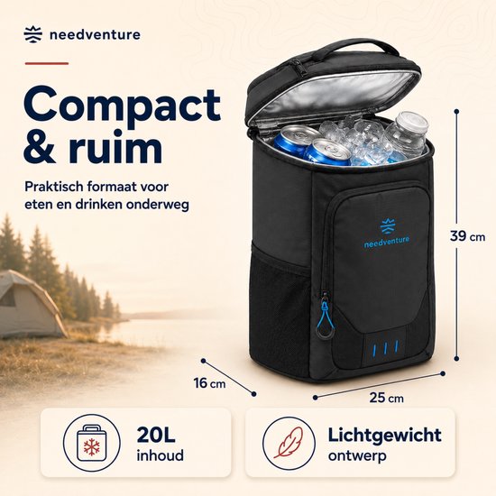 needventure® Koelrugtas - Koeltas - Lunchtas - Koelrugzak - Picknicktas - Backpack - 20L - Zwart van NEEDVENTURE® — afbeelding 2