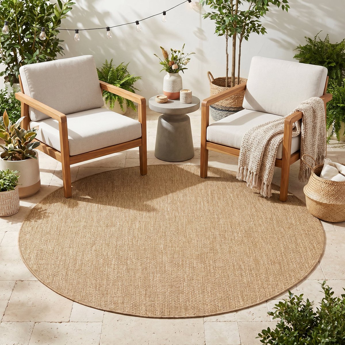 TAPISO Yucana Buitentapijt Rond - Flatweave Vloerkleed Buiten & Binnen - Modern Gemêleerd Design - Beige Creme Buitenkleed - Weerbestendig & UV-bestendig 100x100
