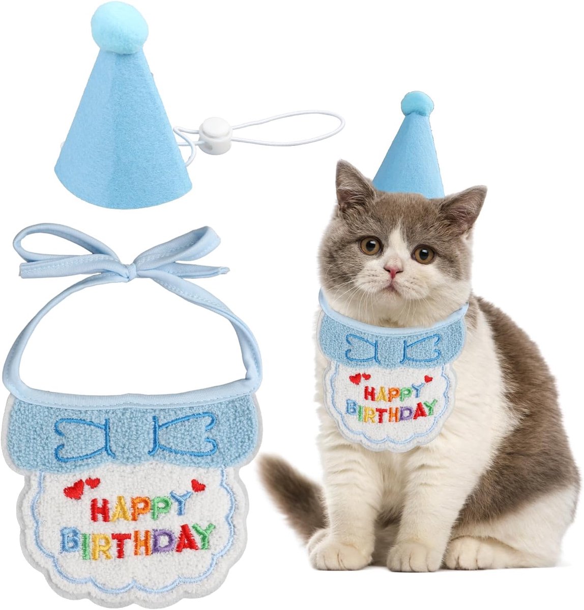 Set met hoedje en sjaal voor een verjaardag van een kleine hond of kat, decoratieve sjaalset voor een verjaardag van een huisdier, feestartikelen voor een puppyverjaardag, hoofdband voor een kittenverjaardag (blauw)
