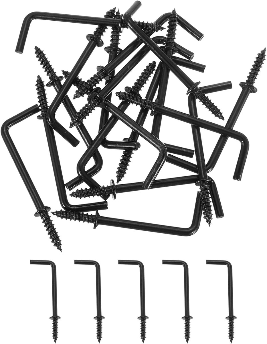 Haken, 1-1/2 inch rechthoekige kleine schroefhaken van koolstofstaal, 7 haakse haken om op te hangen, zwart