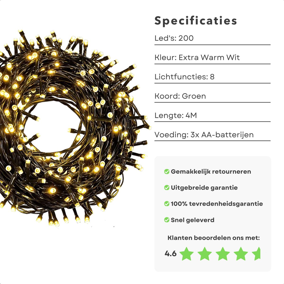 Cheqo® Kerstverlichting - Kerstboomverlichting - Kerstlampjes - 200 LED - 4M - Voor Binnen en Buiten - Timer - 8 Lichtfuncties - Op Batterijen - Extra Warm Wit - Clusterverlichting - Sfeerverlichting - Feestverlichting – foto 2