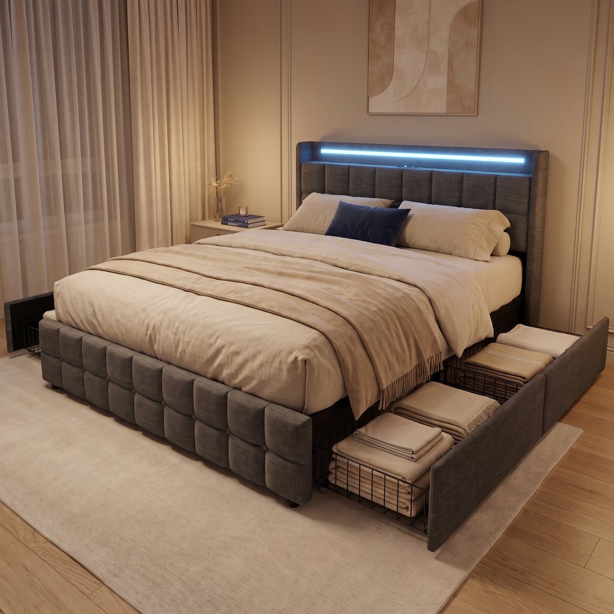 Mofor Gestoffeerd Opbergbed 160x200 cm met 4 lades - Tweepersoonsbed met LED en USB - Hoofdbord met opbergruimte - Linnen - Modern - Grijs