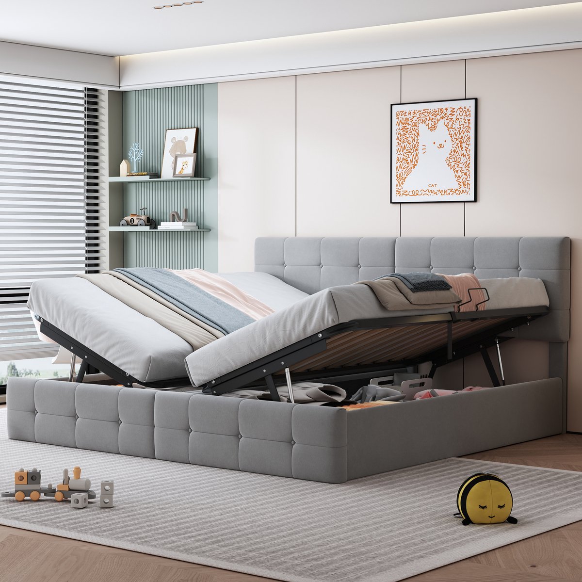 DESMIU Gestoffeerd Bed 180x200cm – Hydraulisch Opberbed met Verstelbaar Hoofdeinde – 2 In 1 Omvormbaar tot Twee 90x200cm Bedden – Opbergruimte – Voor Volwassenen En Kinderen – Zacht Fluweel – Grijs – Zonder Matras