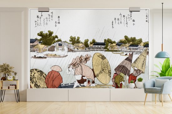 Behang - Fotobehang Japanse illustratie Makura bridge van Katsushika Hokusai - Breedte 420 cm x hoogte 280 cm