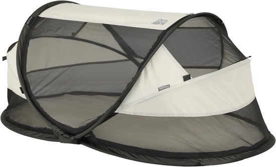 Deryan Baby Luxe campingbedje in crème en zwart, met gaas aan de zijkanten.