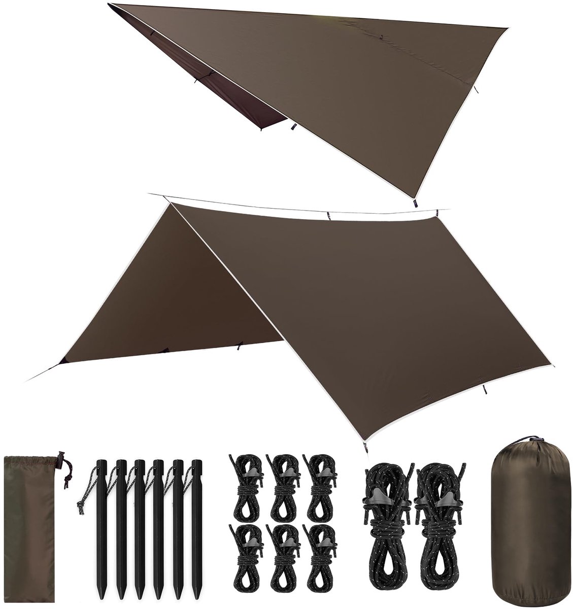 Tarp Campingzeil, 3 x 3 m, ultralicht, waterdicht, uv-bescherming, met 8 windtouwen en 6 spijkers van aluminium, zeer scheurvast, voor wandelen, picknick in de open lucht (donkerbruin)