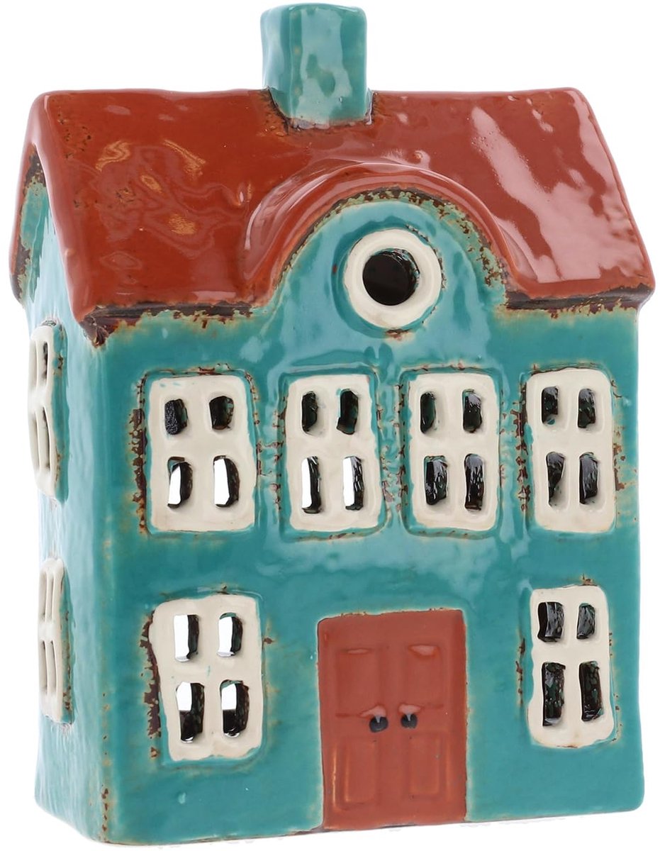 Giftware Keramische Dorpsaardewerk Heldere Kleurenreeks Theelichthouder, prachtig huiswarmingscadeau, Huisornament, Kandelaar… (Groen/Oranje)