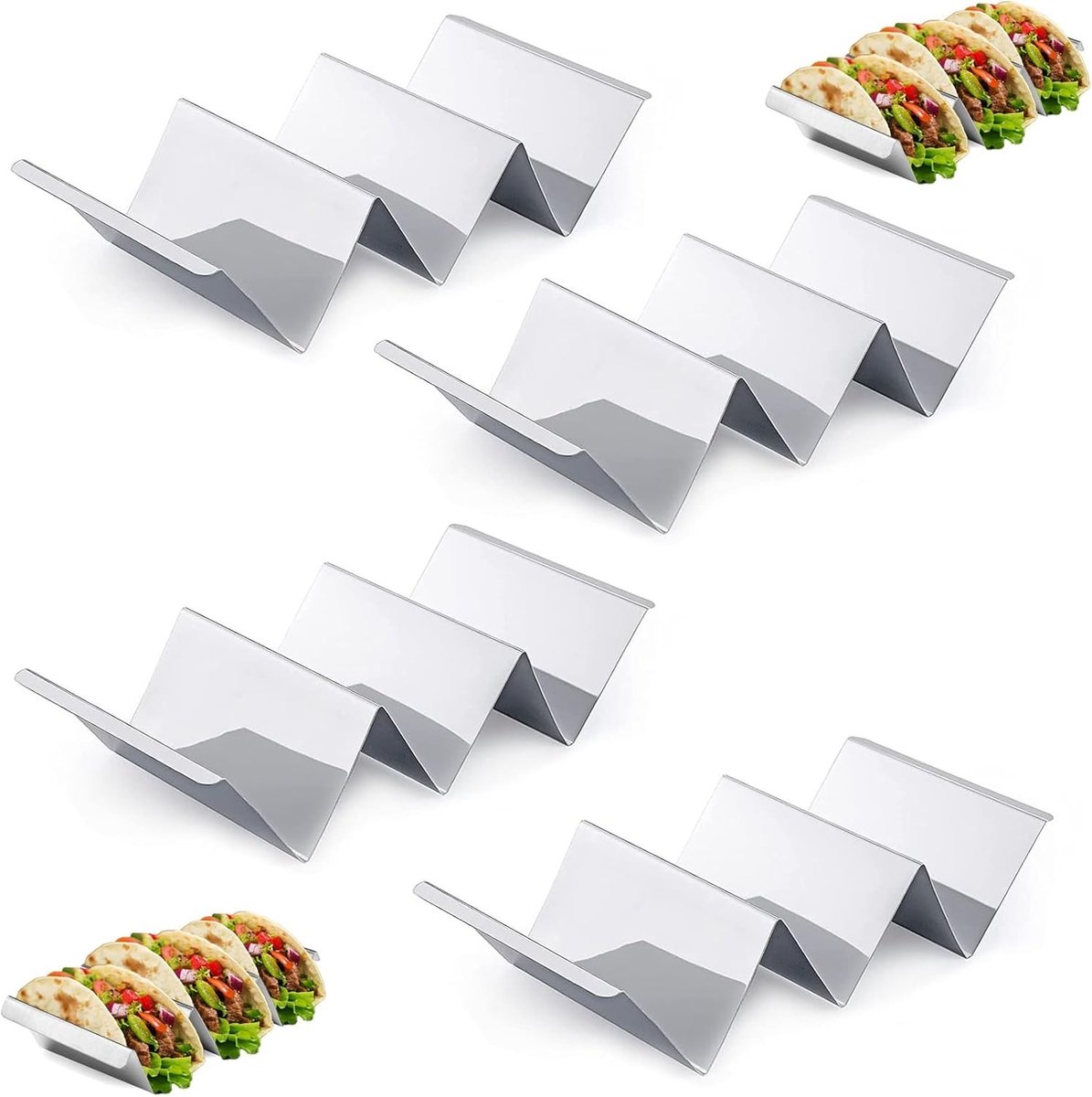 Set van 4 Golfvormige Taco Houders met Handvatten, Vaatwasser- en Ovenbestendig RVS voor Tacos, Sandwiches en Hotdogs