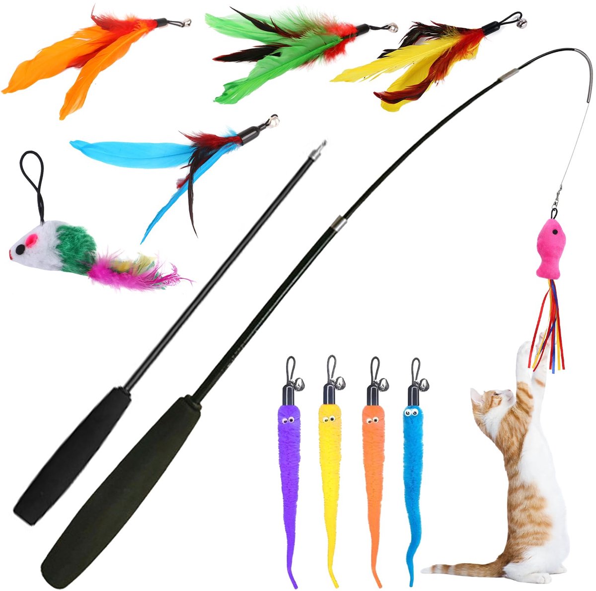 Kattenspeelgoed, kattenspeelgoed, 12 stuks, 2 kattenhengels en 10 reserveveren voor katten, interactief kattenspeelgoed, kattenspeelgoed met veren belletjes