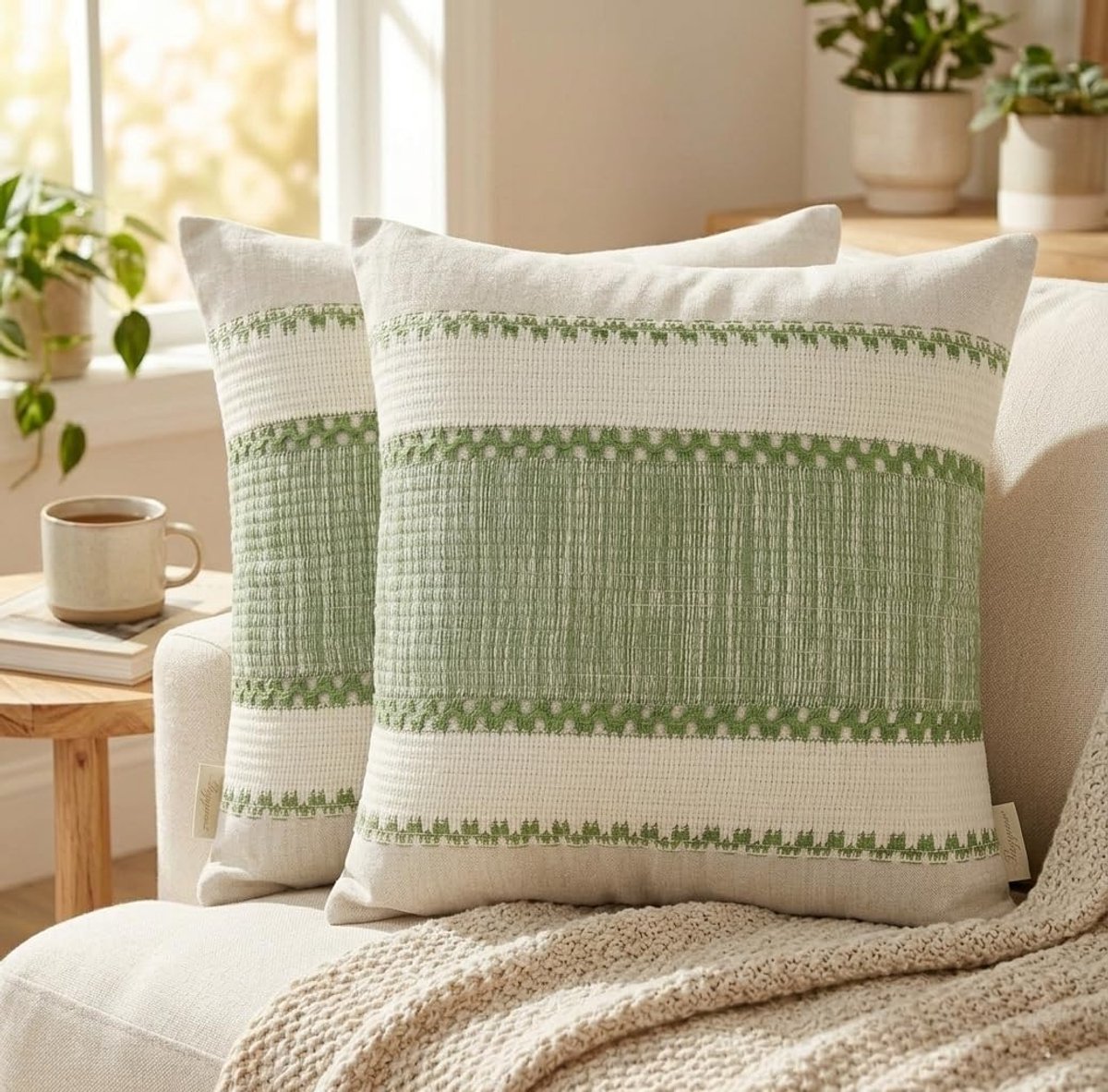 groene kussenslopen 45 x 45 cm set van 2 rustieke geweven textuur decoratieve kussenhoes voor boerderij Scandinavische woonkamer design