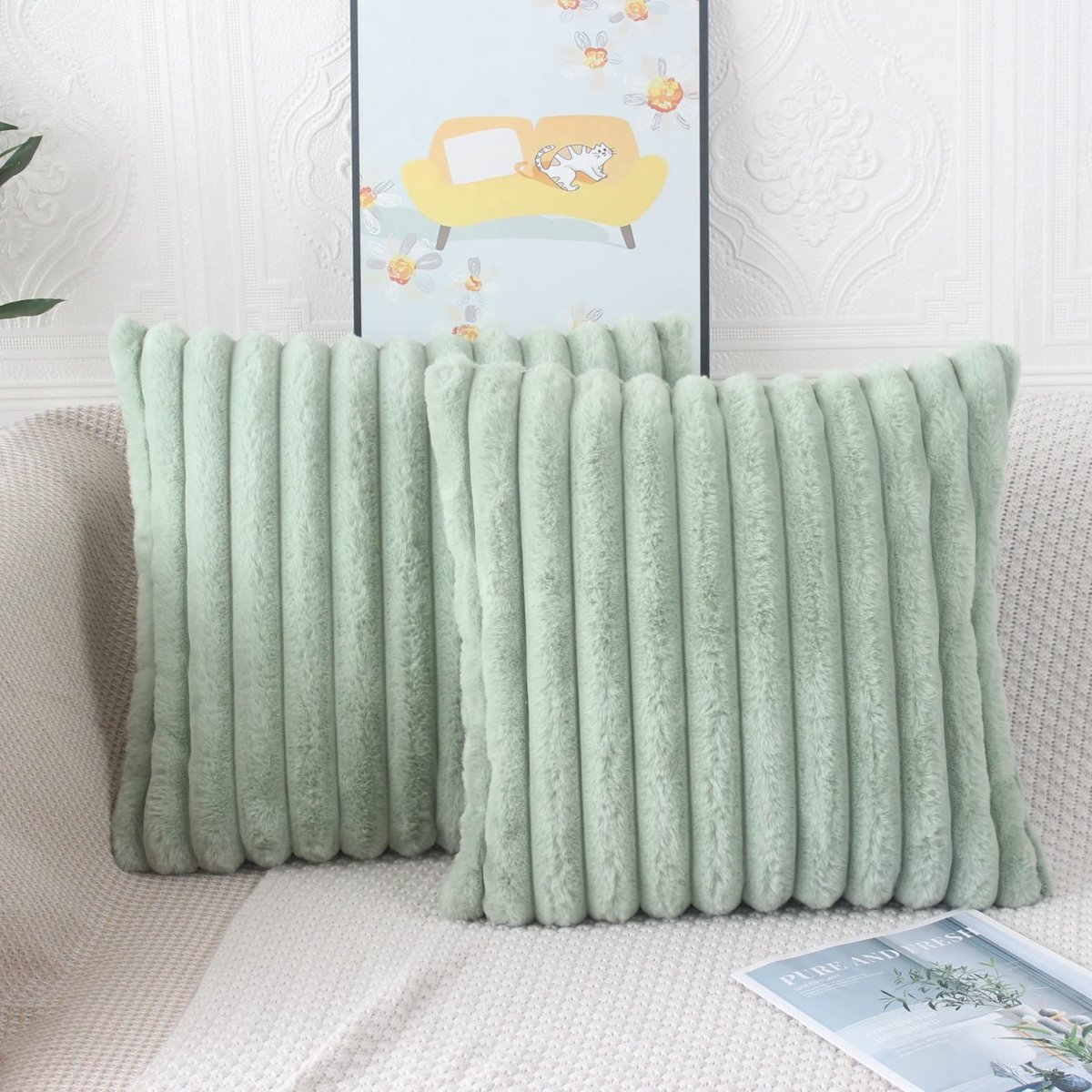 Kussenhoes 40 x 40 cm Set Van 2 Pluizige Pluche Decoratieve Kussenhoezen Zacht Gestreept Bont Kussenhoes Decoratief Bankkussenhoes Luxe Bankkussen Decoratieve Kussenhoezen