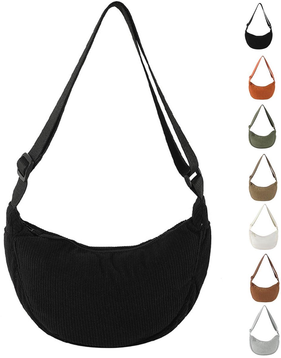 Corduroy halvemaanvormige tas voor dames, crossbodytas van ribfluweel, knoedeltas met verstelbare schouderriem voor reizen, werk, school en dagelijks gebruik