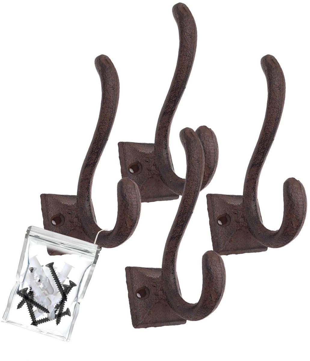 set van 4 decoratieve wandhaken garderobehaken van gietijzer, elke haak 11 cm hoog 4 cm breed. Met schroeven en pluggen