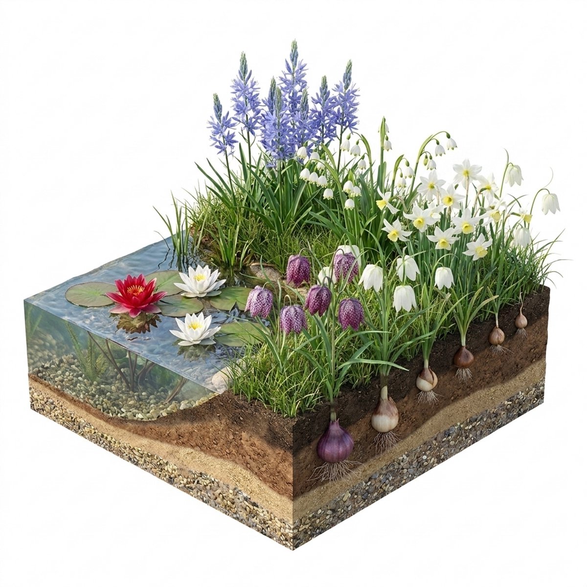vdvelde.com - Aqua Bulbs Wild Mix - 25 bloembollen - vijver, tuin - winterhard - Fritillaria, Leucojum, Narcissus, Camassia - trekt insecten aan - bloei maart-juni