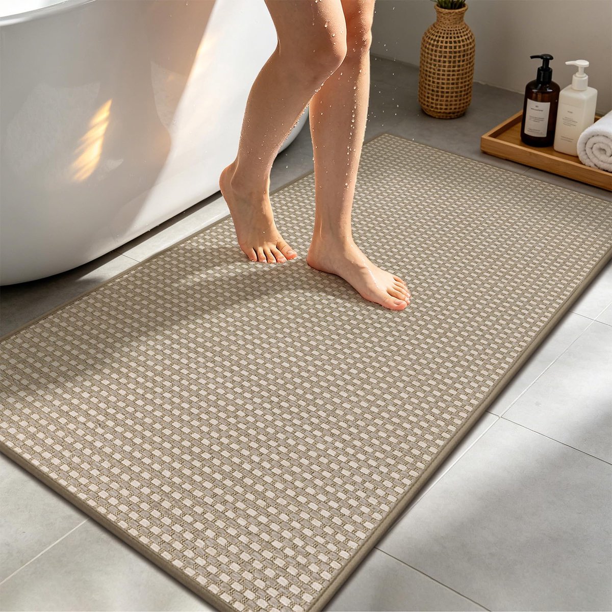Badmatten, badkamertapijt, antislip, waterabsorberende badmat voor douche, badkuip, machinewasbaar, douchemat, lichtbruin, 60 x 120 cm
