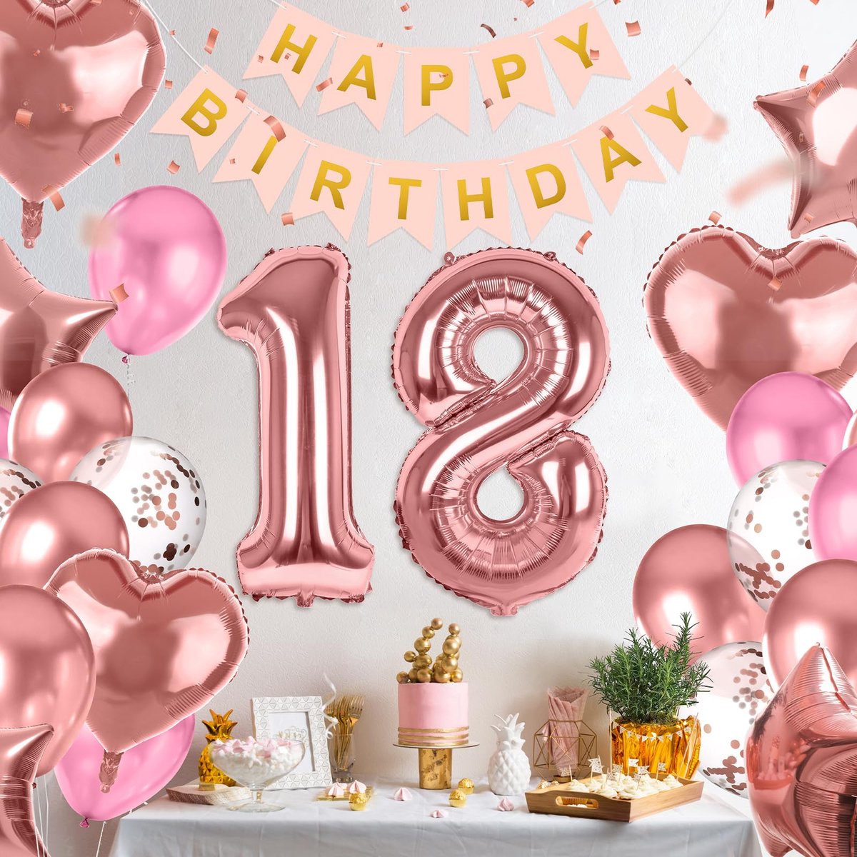 18e verjaardag meisjes, Sweet 18e verjaardag ballonnen, verjaardagsdecoratie 18 jaar met Happy Birthday-banner, groot cijfer 18 folieballon, hart, ster, folieballon, latex