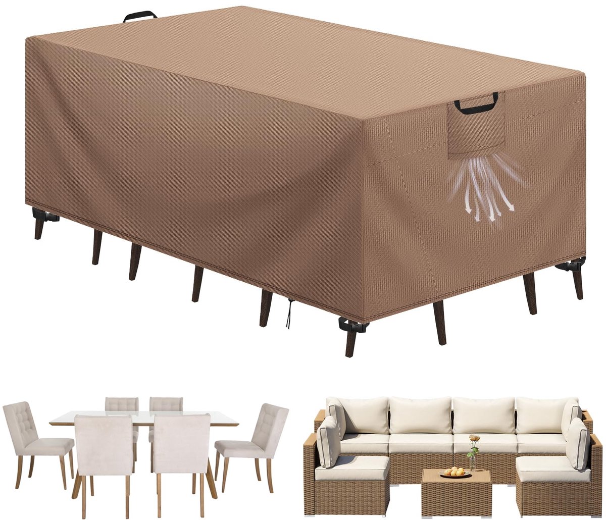 Beschermhoes voor tuinmeubelen, afdekzeil voor tuintafel, Oxford-stof, 420D, beschermhoes voor buiten, waterdicht, winddicht, uv-bescherming, rotan meubelhoes, kaki, 220 x 100 x 75 cm