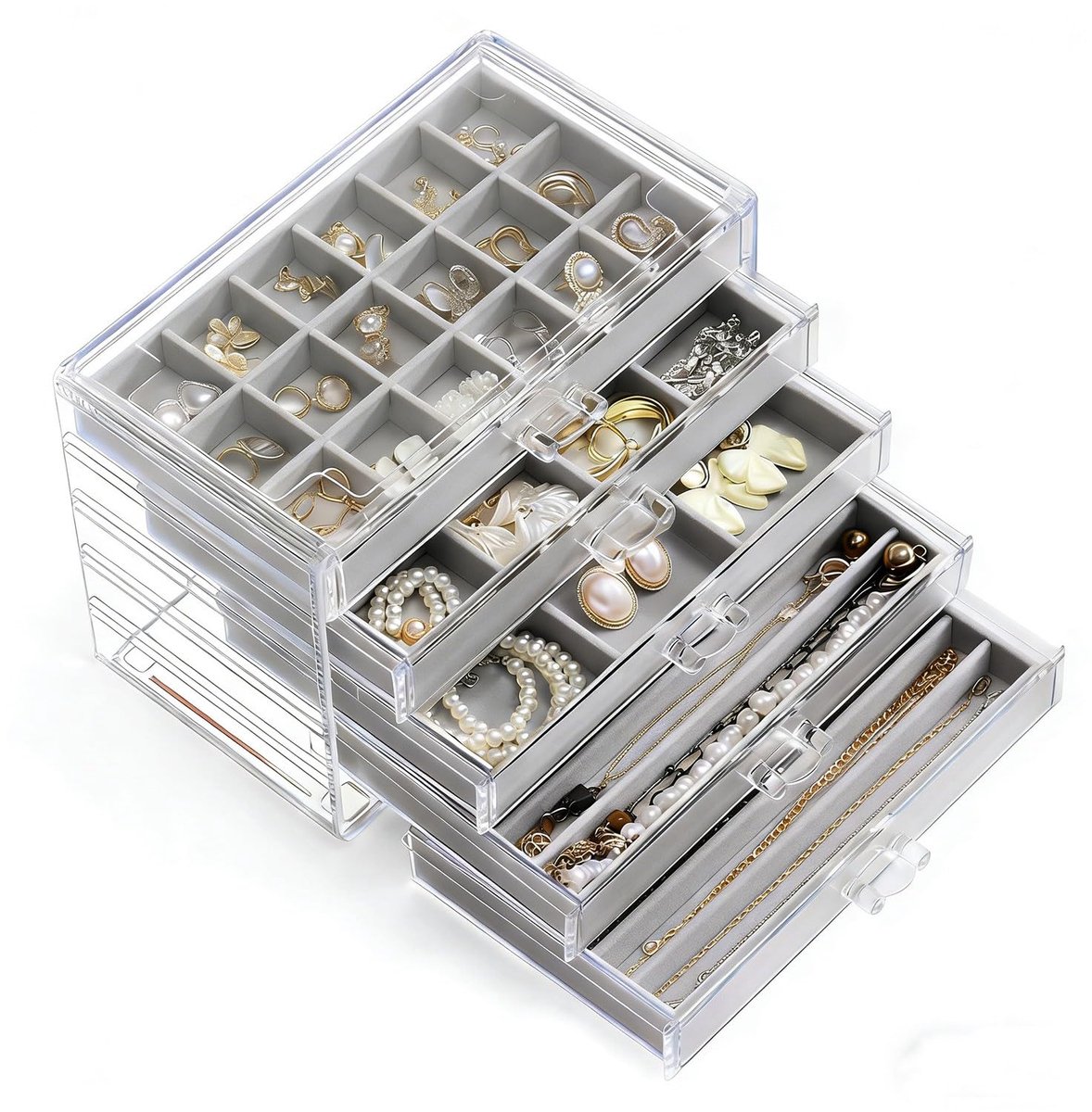 sieradendoosje voor dames met 5 laden, sieradenorganizer met fluwelen dienblad, sieradenopbergdoos voor kettingen, ringen, oorbellen, armbanden (Grijs, 5 laden)