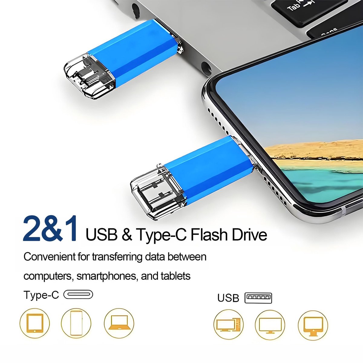 2-in-1 USB C, 256 MB draagbare USB-stick, dubbel gebruik voor mobiele telefoons en computers, voor het opslaan van foto's, bestanden en muziek