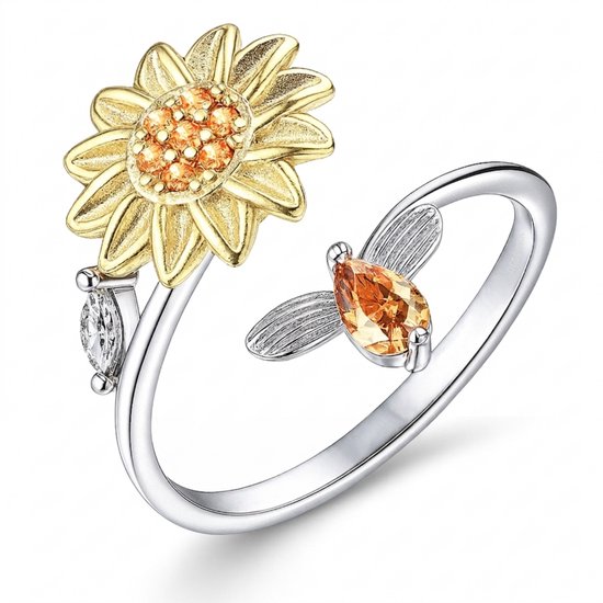 Bague argentée avec tournesol doré aux pierres oranges et abeille à la pierre orange.