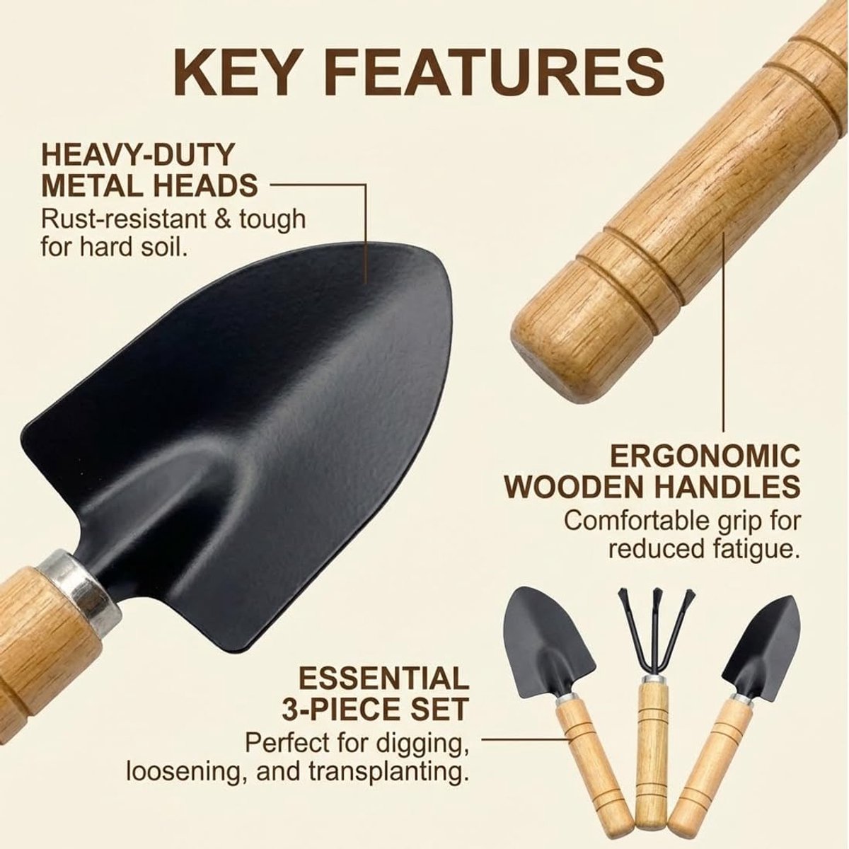 3-delige mini-tuingereedschapsset, tuingereedschap met houten handvat, mini-schep, spatel en hark, gereedschap voor bonsai, potplanten en aarde