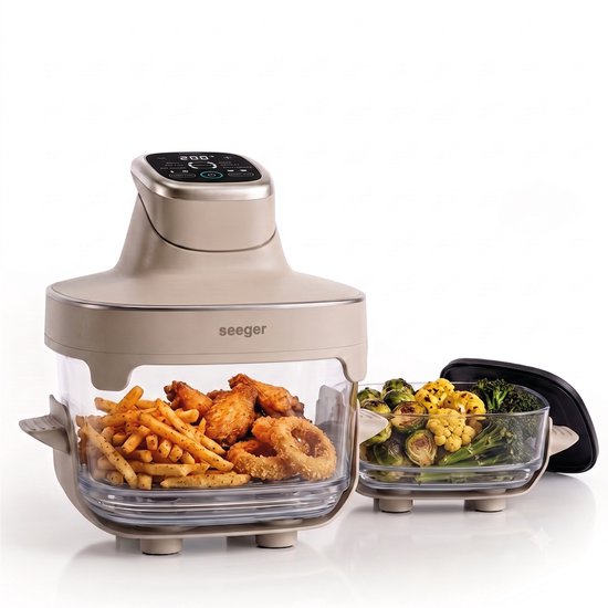 Beige Seeger airfryer met frietjes, kipwings en groenten in glazen bakken.