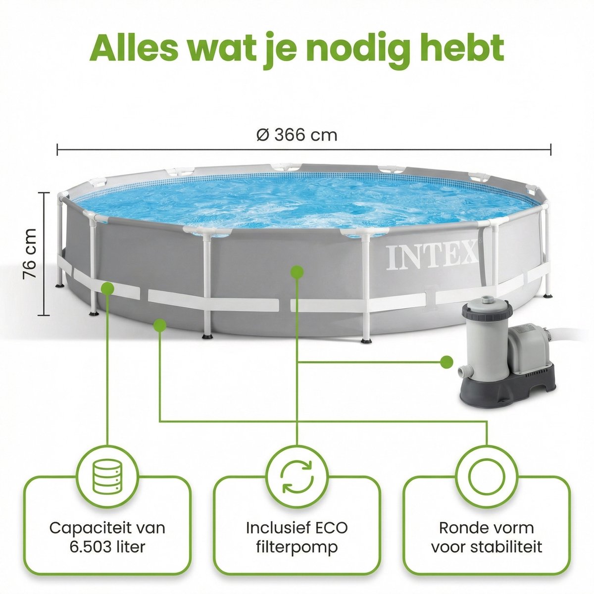 Intex Rond Prism Frame Zwembad - 366 x 76 cm - Grijs - Inclusief Pomp - Onderhoudspakket - Solar Mat - Grondzeil - Voetenbad - Ladder - 7-delig