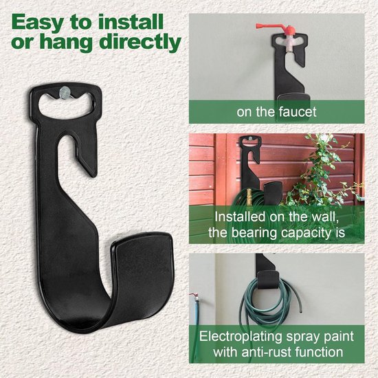 Set van 2 tuinslanghouders met handgreep, robuuste slanghanger, waterslanghouder voor buiten, snelle montage voor waterkraan (2 zwart) — afbeelding 5