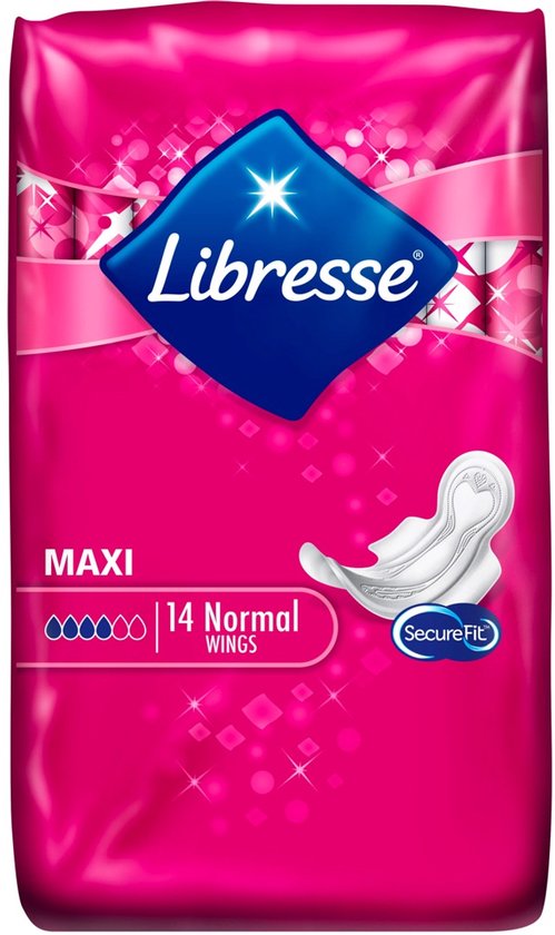 Libresse Maxi met vleugels, 14 stuks voor normaal bloedverlies. Roze verpakking met glitters.