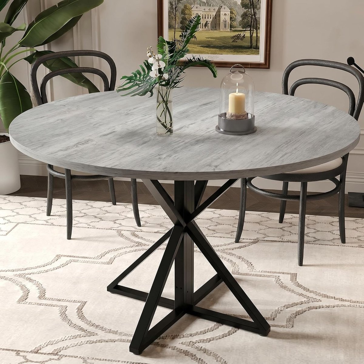 Ronde Eettafel Industrieel - 120 cm - Eetkamertafel voor 4 tot 8 Personen - Metalen Kruispoot - Vintage Bruin